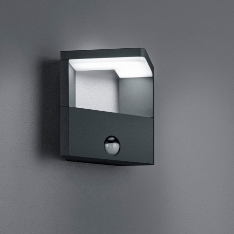 LED Aussen Wandleuchte, Bewegungsmelder, Anthrazit, IP54, 17 cm x 15 cm, Verandabeleuchtung, Hausfassadenleuchte, Eingangsleuchte, Terrassenbeleuchtung, Hotelaussenwandleuchte, Outdoorleuchte