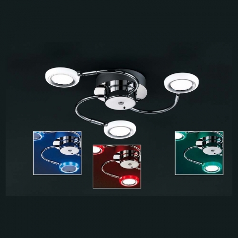 Plafonnier LED, changeur de couleur, RGB, 3 bras incurvés, télécommande, 1200 lumens, 3000 kelvins, luminaire pour cabinet médical, métal, acrylique. Éclairage de café, plafonnier de restaurant, plafonnier gastro, éclairage intérieur, éclairage domestique, IP20