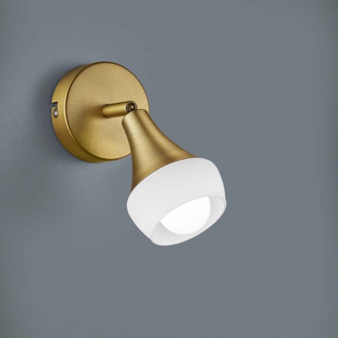Applique, 1 spot, laiton, métal, laiton ancien, abat-jour en verre, blanc, douille E14, applique murale pour cabinet médical, spot pour hôtel, adapté aux LED, lampe pour salle d'attente, spot pour cabinet médical, éclairage intérieur, éclairage domestique, IP20