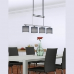 JoJo-Pendelleuchte mit 4 braunen Stoffschirmen und einer Höhe von 95 cm bis 150 cm