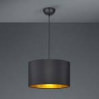Hängeleuchte, Schwarz, Gold, Stoffschirm, Rund, 150 cm Höhe, Esszimmer Pendelleuchte, Cafébeleuchtung, Hotelzimmer Pendelleuchte, Flurbeleuchtung, Innenraumleuchte, Wohnraumbeleuchtung