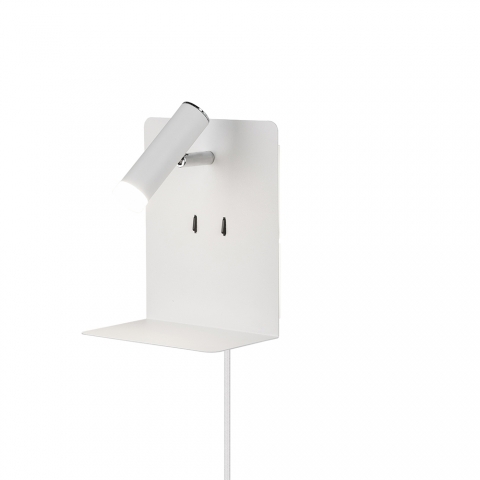 Eco Light LED Wandlampe Mit Stoffschirm – Weiß, USB-Ladefunktion & Ablage, 4W LED Inkl., 31x23 Cm