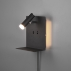 LED Wandleuchte, Schwarz, Leselicht, USB-Port, Ablage, 16 cm x 20 cm, Hotel Wandbeleuchtung, Beweglicher Spot, Bettleuchte, Nachttischleuchte, Innenraumbeleuchtung, Wohnraumleuchte