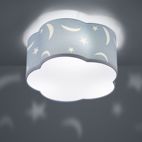 Deckenleuchte, Stoffschirm, Blau, Kinderlicht, Mond-Sterne-Design, 40 cm Ø, Kinderzimmer Deckenleuchte, Innenraumleuchte
