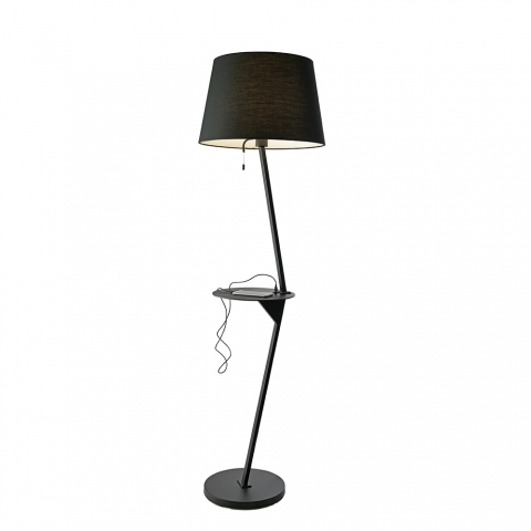 Stehleuchte, Rund, Ablage, Messenstehleuchte, Caféstehlampe, USB-Anschluss, Schwarz, Stoffschirm, LED geeignet, IP20, Hotelstehleuchte, Foyerleuchte, Innenraumbeleuchtung, Wohnraumbeleuchtung