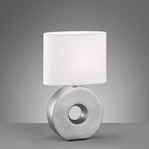 Tischleuchte, Keramikfuß, Silber, Stoffschirm, Weiß, Schnurschalter, 38 cm Höhe, Sideboardbeleuchtung, Kommodenleuchte, Regalleuchte, Bettlampe, Nachttischbeleuchtung, Hotel Tischleuchte, Restaurant Tischleuchte, Innenraumbeleuchtung, Wohnraumbeleuchtung, IP20