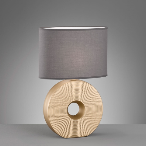 Hotelzimmer Tischleuchte, Keramikfuß, Gold, Stoffschirm, Anthrazit, Schnurschalter, 53 cm Höhe