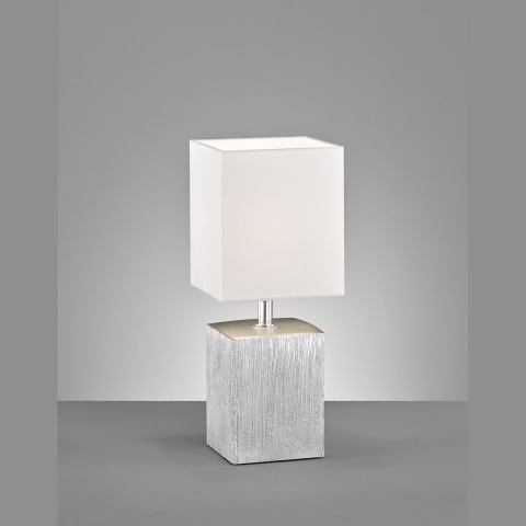 Hotelbeleuchtung Elegante Tischleuchte, Schnurschalter, Keramikfuss, Silber, Stoffschirm, Weiss, 35 cm Höhe, Bettleuchte, Nachttischleuchte, Sideboardleuchte, Kommodenleuchte, Innenraumleuchte, Wohnraumbeleuchtung