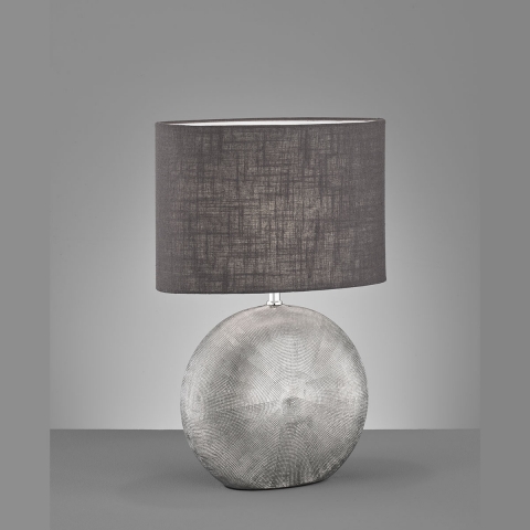 Tischleuchte, Stoffschirm, Grau, Keramikfuss, Silber, Schnurschalter, 53 cm Höhe, Restaurantbeleuchtung, Hotelzimmertischleuchte, Oval, Bettleuchte, Nachttischleuchte, Schlafzimmertischleuchte, Kommodenleuchte, Regalleuchte, Sideboardleuchte, Innenraumbeleuchtung, Wohnraumbeleuchtung, IP20