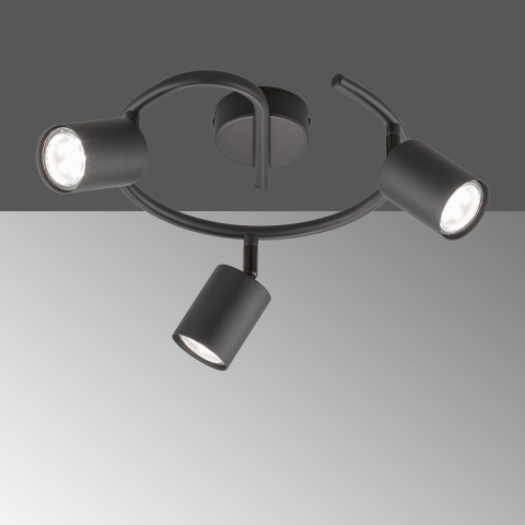 Flurbeleuchtung LED Deckenleuchte, Spiralform, Schwarz, 3 Spots, 38 cm Durchmesser, Wohnraumleuchte, Cafébeleuchtung, Restaurant Deckenlampe, Hotel Deckenstrahler, Strahlerbeleuchtung, Innenraumleuchte, Wohnraumbeleuchtung, IP20