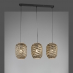 Esszimmer Pendelleuchte, Korbschirme, 3 Strahler, Rattan, Schwarz, Braun, 69 cm x 17 cm