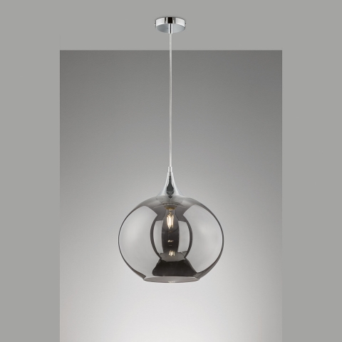 Moderne Pendelleuchte, Rauchfarbig, Chrom, Glasschirm, 35 cm