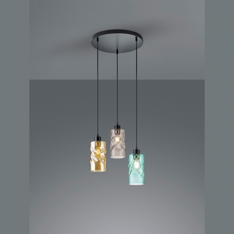 Wohnzimmerbeleuchtung Pendelleuchte, 3 Strahler, Glasschirme, Rauchfarbe, Amber, Türkis, 38 cm Ø
