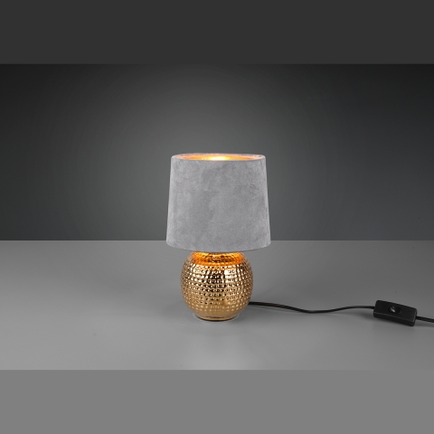 Elegante Tischleuchte mit grauem Stoffschirm und goldenen Korpus 26 cm Höhe