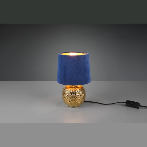 Tischleuchte, Gold, Stoffschirm, Rund, Blau, 26 cm Höhe, Dekoleuchte, Hotelzimmer Tischleuchte, Nachttischleuchte, Bettleuchte, Wohnzimmer Tischleuchte, Schlafzimmer Tischleuchte, Innenraumleuchte, Wohnraumbeleuchtung, IP20
