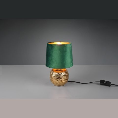 Tischleuchte, Gold, Stoffschirm, Grün, 26 cm Höhe, Dekoleuchte, Kommodenleuchte, Sideboardleuchte, Hotel Tischleuchte, Innenraumleuchte, Wohnraumbeleuchtung, IP20