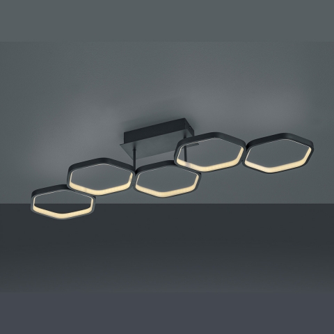 LED Deckenleuchte, Schwarz, Dimmbar, 90 cm x 30 cm, 5 x Sechsecke