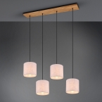 Pendelleuchte, 4 Strahler, Stoffschirme, Holzelement, 100 cm x 20 cm, Küchenbeleuchtung, Caféhängeleuchte, Restauranthängeleuchte, Hotelpendellampe, Tresenleuchte, Thekenleuchte, Innenraumbeleuchtung, Wohnraumbeleuchtung, IP20