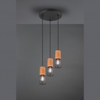 Pendelleuchte, Rund, Holz, Höhe anpassbar, 3 Strahler, 28 cm Durchmesser, Wohnzimmerbeleuchtung, Cafébeleuchtung, Restaurant Pendellampe, Hotel Hängeleuchte, Esszimmerlampe, Küchenpendelleuchte, Innenraumbeleuchtung, Wohnraumbeleuchtung, IP20