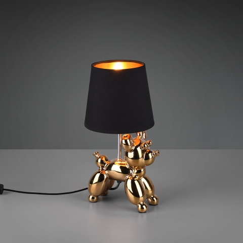 Hotelzimmerbeleuchtung Dekorative Tischleuchte, Hund, Stoffschirm, Gold, Schwarz, Keramik, Schalter, 17 cm x 16 cm
