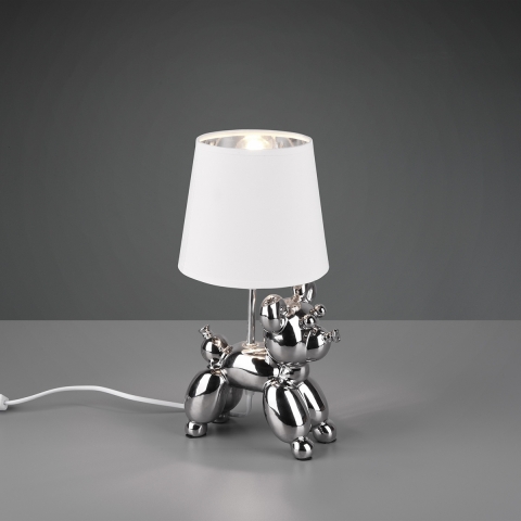 Lampe de table décorative, chien, céramique, abat-jour en tissu, blanc, argent, 17 cm x 16 cm, lampe de buffet, lampe de commode, lampe d'étagère, lampe de salon, lampe de chambre, lampe de lit, lampe de chevet, éclairage intérieur, éclairage domestique, IP20