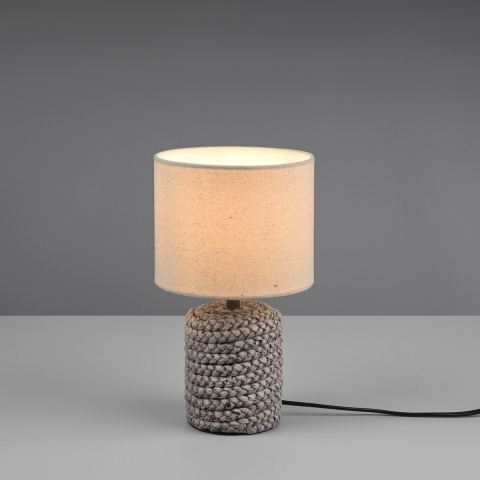 Hotel Tischleuchte, Keramik, Flecht Design, Stoffschirm, Braun, Beige, Schalter, 26 cm Höhe