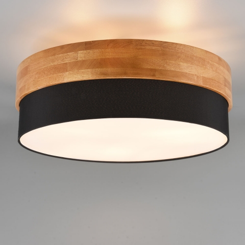 Deckenleuchte, Rund, Schwarz, Holz, Braun, Stoff, 50 cm Durchmesser, Flurbeleuchtung, Hotel Deckenleuchte, Restaurant Deckenlampe, Cafébeleuchtung, Dielenleuchte, Wartezimmerleuchte, Praxisbeleuchtung, Innenraumbeleuchtung, Wohnraumbeleuchtung, IP20