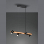 Pendelleuchte, 4 Strahler, Schwarz, Braun, Holz, Höhe anpassbar, 80 cm x 20 cm, Cafébeleuchtung, Barleuchte, Tresenbeleuchtung, Thekenleuchte, Praxisbeleuchtung, Esszimmertischleuchte, Länglicher Balken, 2 Seile, Bewegliche Strahler, Wohnzimmerleuchte, Wohnraumbeleuchtung, Innenraumbeleuchtung, IP20