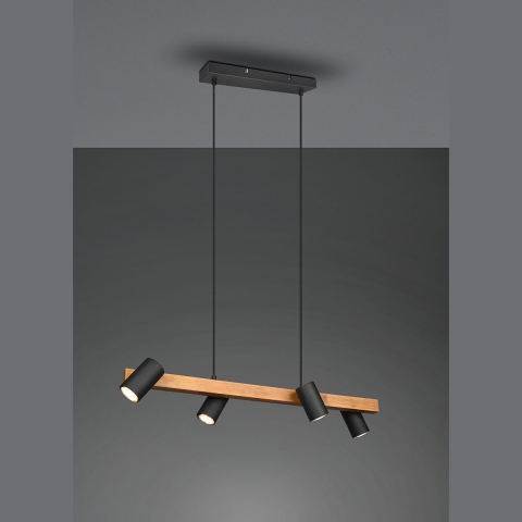Pendelleuchte, 4 Strahler, Schwarz, Braun, Holz, Höhe anpassbar, 80 cm x 20 cm, Cafébeleuchtung, Barleuchte, Tresenbeleuchtung, Thekenleuchte, Praxisbeleuchtung, Esszimmertischleuchte, Länglicher Balken, 2 Seile, Bewegliche Strahler, Wohnzimmerleuchte, Wohnraumbeleuchtung, Innenraumbeleuchtung, IP20