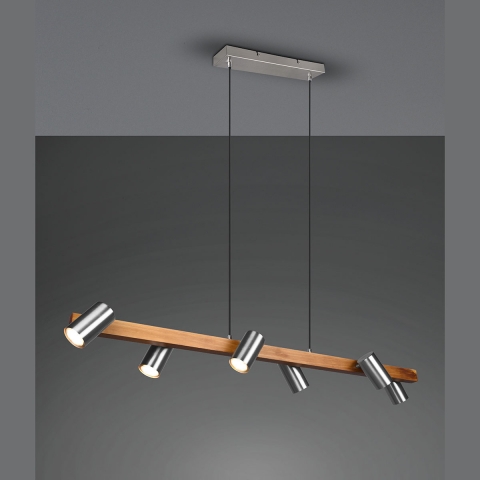 Éclairage de restaurant Suspension, bois, brun, nickel, 6 spots, hauteur réglable, 115 cm x 20 cm, éclairage de table de cuisine, suspension de salle à manger, lampe de comptoir, lumière de comptoir suspendue