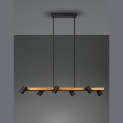 Pendelleuchte, Holz, Schwarz, Höhe anpassbar, 6 Spots, 115 cm x 20 cm