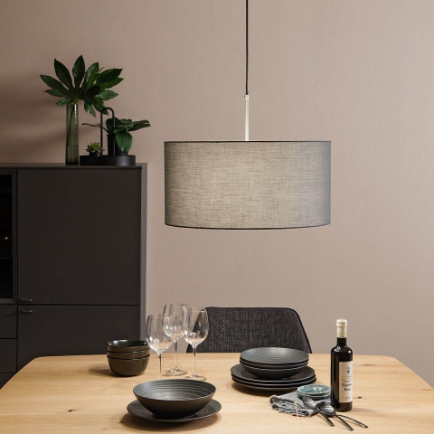 Pendelleuchte, Grau, Stoffschirm, Höhe anpassbar, 50 cm Ø, Esszimmerbeleuchtung, Wohnzimmer Hängeleuchte, Flurbeleuchtung, Hotelpendelleuchte, Cafébeleuchtung, Barleuchte, Gastroleuchte, Innenraumbeleuchtung, Wohnraumbeleuchtung, IP20