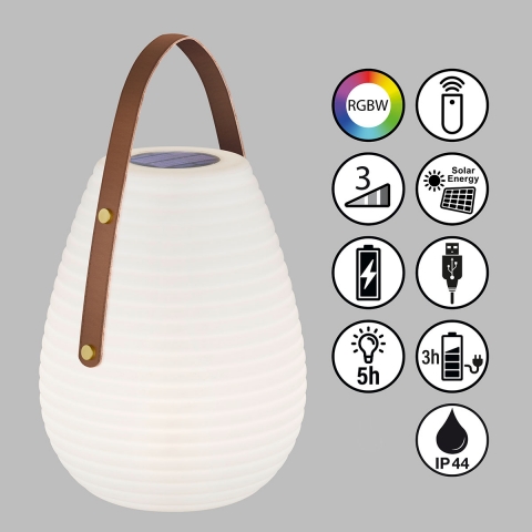 LED Aussen Tischleuchte, Solar, Dimmer, RGBW, Fernbedienung, IP44, 46 cm Höhe, Balkonbeleuchtung, Mobile Leuchte, Akkulampe, Campingleuchte, Aussentischleuchte, Hoteltischleuchte, Restauranttischleuchte