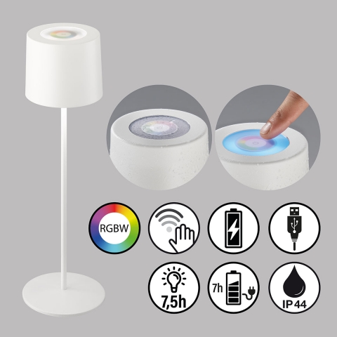 Balkonbeleuchtung LED Außen Tischleuchte, RGBW Farbwechsler, Dimmer, Weiß, Akku, IP44, 38 cm Höhe, Terrassen Tischleuchte, Veranda Tischleuchte, Outdoorleuchte