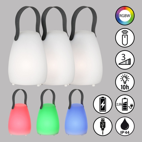 Terrassenbeleuchtung 3 LED Aussen Tischleuchte, Dimmer, RGBW, Akku, Fernbedienung, IP44, 11 cm Ø, Balkon Tischleuchte, Säulenform, Restaurant Aussentischleuchte, Hotel Outdoor Tischlampe, Batterieleuchte