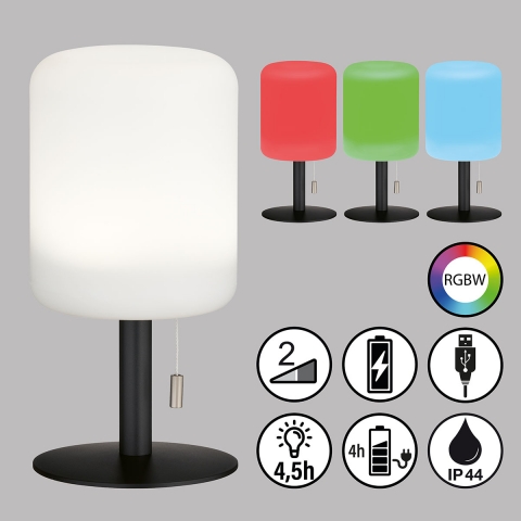 Restaurantbeleuchtung LED Aussen Tischleuchte, Dimmer, Zugschalter, RGBW, Akku, IP44, 25 cm Höhe, Balkon Tischleuchte, Verandabeleuchtung, Terrassen Tischleuchte, Outdoorleuchte