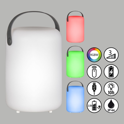 Restaurantbeleuchtung LED Aussen Tischleuchte, Fernbedienung, Akku, Dimmer, RGBW, IP44, 20 cm Höhe