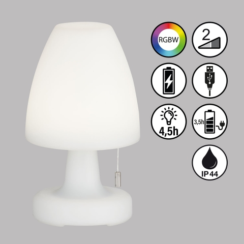 LED Aussen Tischleuchte, Pilz, Zugschalter, RGBW, Dimmer, Akku, IP44, 25 cm Höhe, Terrassenbeleuchtung, Balkontischleuchte, Verandatischleuchte, Restauranttischleuchte, Hotelaussentischleuchte, Mobile Leuchte, Akkubeleuchtung, Campingleuchte, Outdoorleuchte