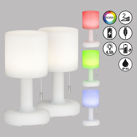 Balkonbeleuchtung 2 LED Aussen Tischleuchten, Zugschalter, Dimmer, RGBW, Akku, IP44, 25 cm Höhe