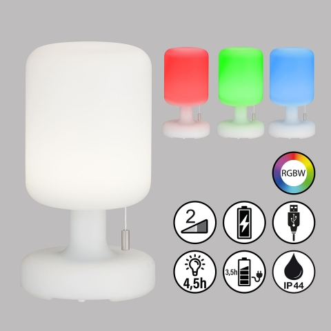 LED Aussen Tischleuchte, Weiss, Zugschalter, RGBW, Dimmer, Akku, IP44, 23 cm Höhe, Outdoor Restaurantbeleuchtung, Mobile Leuchte, Campingleuchte, Hotel Aussentischleuchte, Batteriebetriebene Leuchte, Gartentischleuchte, Balkontischleuchte, Verandatischleuchte, Outdoorleuchte