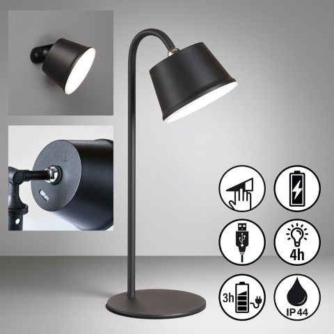 LED Tischleuchte, Magnet, Wand, Akku, IP44, Touch Dimmer, Schwarz, 34 cm Höhe, Terrassenbeleuchtung, Balkontischleuchte, Verandatischleuchte, Gartentischleuchte, Outdoorleuchte, Campingleuchte, Mobile Leuchten, Akkuleuchte