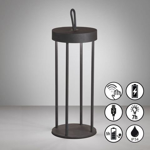 LED Aussen Tischleuchte, Sensordimmer, Schwarz, Akku, IP54, 36 cm Höhe, Balkon Tischlampe, Hotel Aussentischleuchte, Verandabeleuchtung, Gartentischleuchte, Outdoorleuchte, Terrassenbeleuchtung, Balkontischleuchte, Campingleuchte, Mobile Leuchte, Akkubeleuchtung
