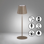 Lampe de table LED d'extérieur, variateur de lumière à capteur, batterie, gris-brun, IP44, hauteur 38 cm, éclairage de balcon, lampe de table de terrasse, lampe mobile, éclairage sur batterie, lampe de véranda, lampe de table de restaurant, lampe de table d'hôtel
