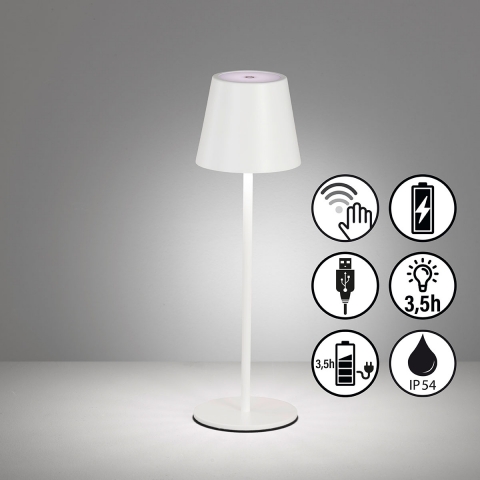 Restaurantbeleuchtung LED Aussen Tischleuchte, Weiss, Akku, Sensordimmer, IP54, 37 cm Höhe, Balkon Tischleuchte, Terrassen Tischleuchte, Outdoorbeleuchtung, Hotel Aussentischleuchte, Aussenleuchte