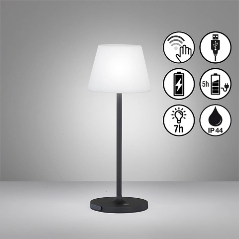 LED Aussen Tischleuchte, Schwarz, Weiss, Kunststoff, Metall, Akku, Sensordimmer, USB, IP44, 1,5 Watt, 210 Lumen, 3000 Kelvin, Campingleuchte, Mobile Leuchte, Akkuleuchte, Restauranttischleuchte, Hoteltischlampe, Outdoorleuchte, Gartentischleuchte