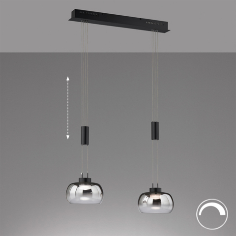 LED Pendelleuchte, Höhenverstellbar, Glasschirme, 2 Strahler, Rauchfarbig, 65 cm x 22 cm, Praxisleuchte, Hotel Pendelleuchte, Cafébeleuchtung, Esszimmer Hängeleuchte