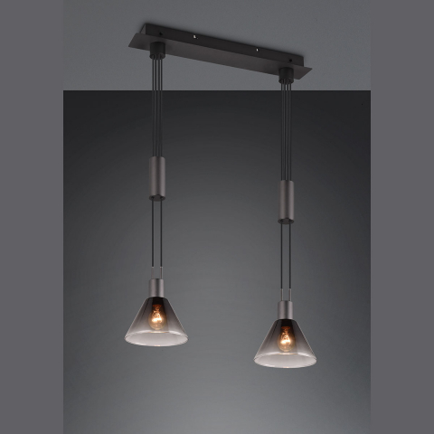 Éclairage de la salle à manger Suspension, 2 spots, Réglable en hauteur, Couleur fumée, Verre, 55 cm x 19 cm, Éclairage du café, Éclairage du comptoir, Éclairage de la ligne de cuisson