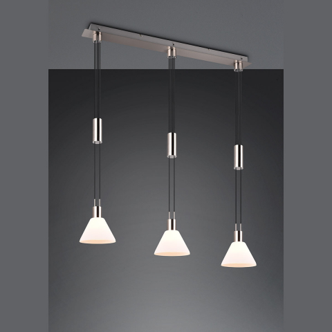 Suspension réglable en hauteur, verre, blanc, 3 spots, 95 cm x 19 cm, éclairage de la salle à manger, suspension de cuisine, éclairage du comptoir, lampe de comptoir