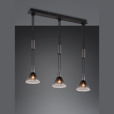 Wohnzimmerbeleuchtung Pendelleuchte, Glas, Rauchfarbe, Höhenverstellbar, 95 cm x 19 cm, Esszimmerbeleuchtung, Küchentisch Hängeleuchte, Tresenbeleuchtung, Thekenbeleuchtung