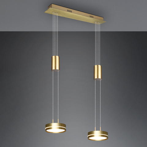 Wohnzimmerbeleuchtung LED Pendelleuchte, Messing, 2 Strahler, Switch Dimmer, Höhenverstellbar, 55 cm x 14 cm, Esszimmer Pendellampe, Küchen Hängeleuchte, Tresenbeleuchtung, Thekenleuchte, Bar Pendellicht